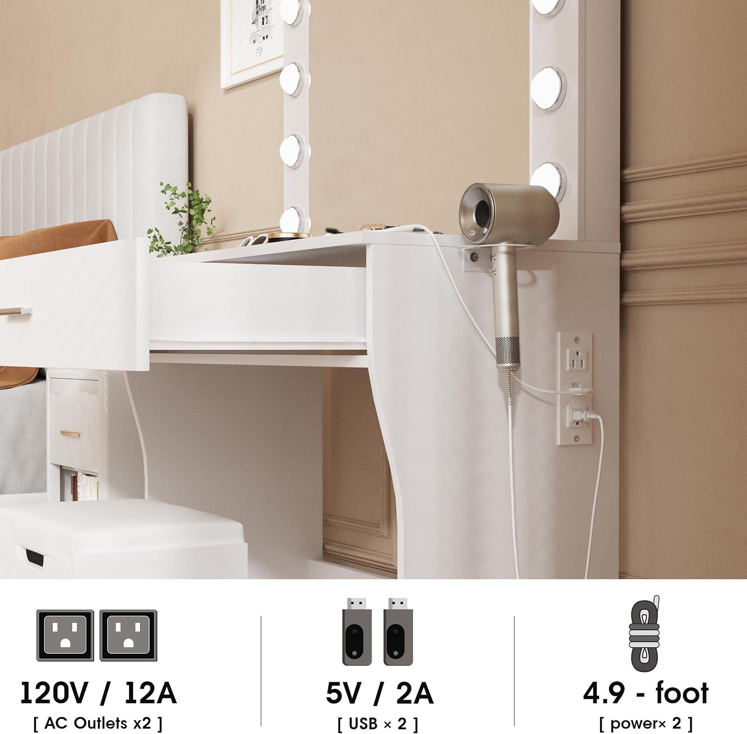 Halitaa Vanity Desk with Lights, Makeup Vanity Desk with Lighted Mirror and Charging Station, ，3 Lighting Modes Adjustable Brightness,Makeup Vanity Set with Cushioned Chair