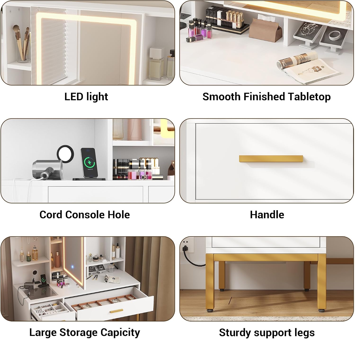 IDEALHOUSE Vanity Desk with Mirror and Lights, 42.5' Makeup Vanity Set with Stool, Makeup Table with Mirror Cabinet and Chair, Drawers & Shelves, Dressing Table with Outlet for Bedroom, White