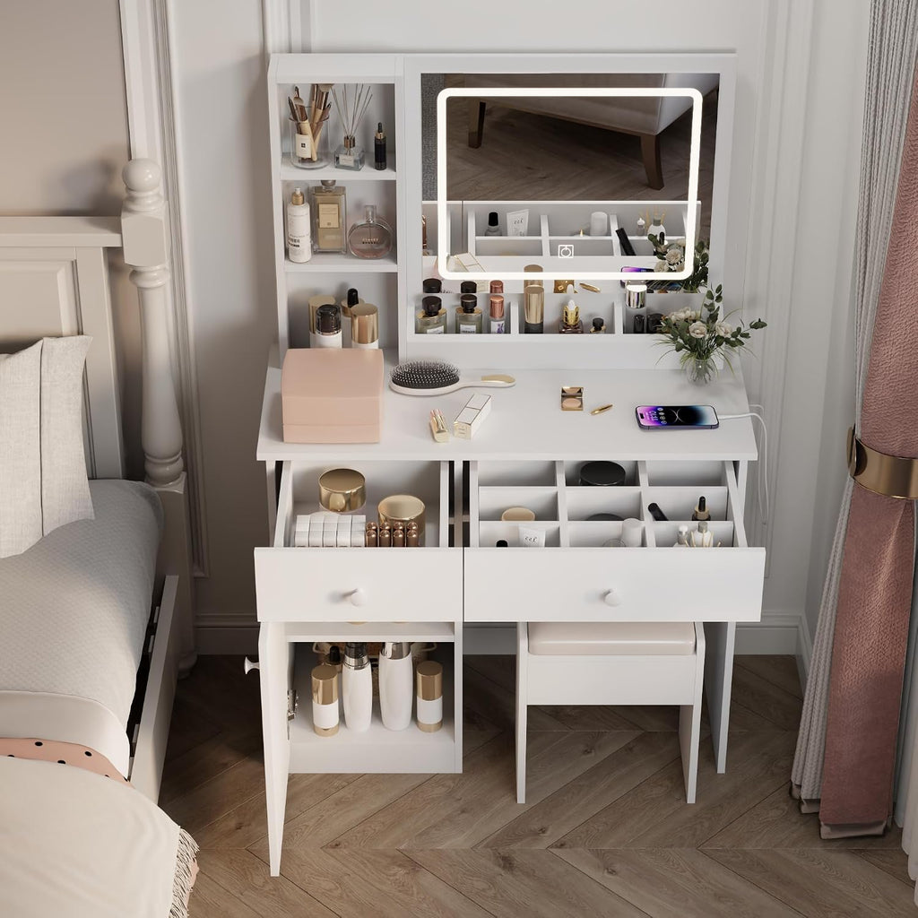 Makeup Vanity Desk with Mirror and Lights, Vanity Table Set with Storage Drawer & Chair & 3 Shelves, 3 Lighting Colors, Adjustable Brightness White Makeup Vanity with Lights (Large with USB)