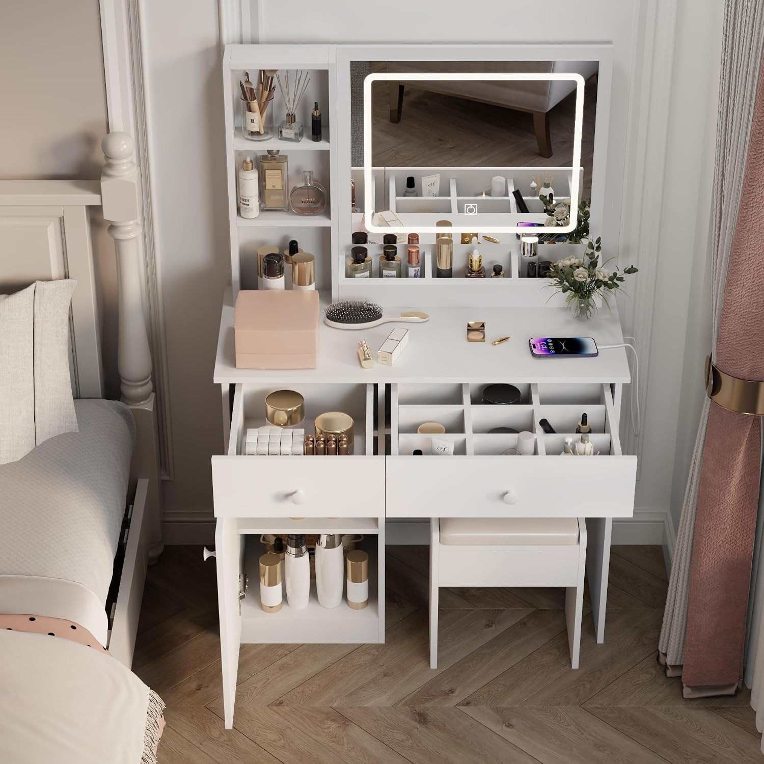 Makeup Vanity Desk with Mirror and Lights, Vanity Table Set with Storage Drawer & Chair & 3 Shelves, 3 Lighting Colors, Adjustable Brightness White Makeup Vanity with Lights (Large with USB)