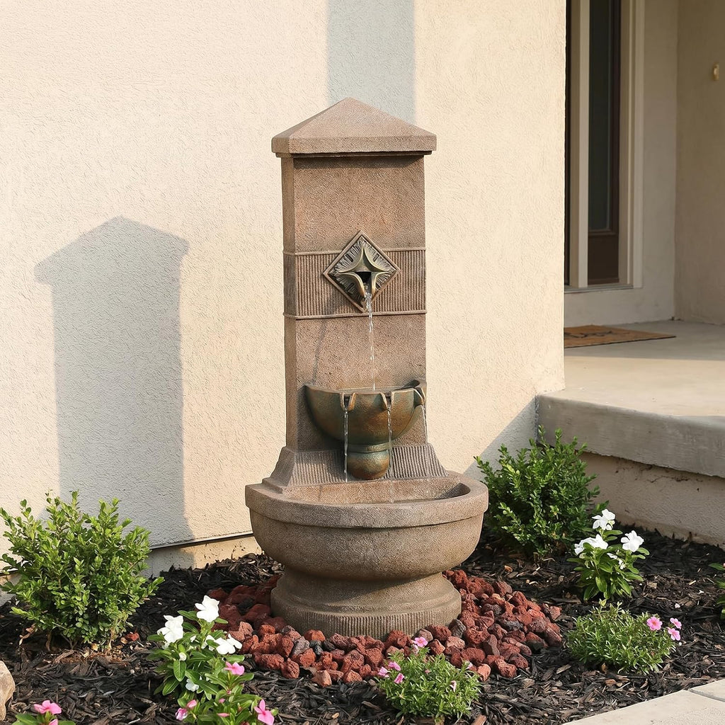 Bumilgar Outdoor Wall Fountain with LED Lights, 39.96' H Freestanding Garden Water Fountain, Large Floor Standing Patio Waterfall Feature, European Resin Flat Back Yard Courtyard Porch Décor