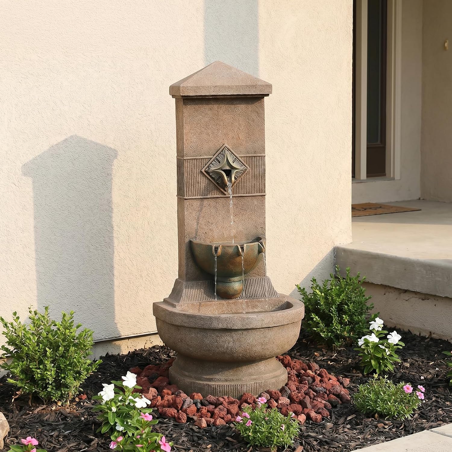 Bumilgar Outdoor Wall Fountain with LED Lights, 39.96' H Freestanding Garden Water Fountain, Large Floor Standing Patio Waterfall Feature, European Resin Flat Back Yard Courtyard Porch Décor