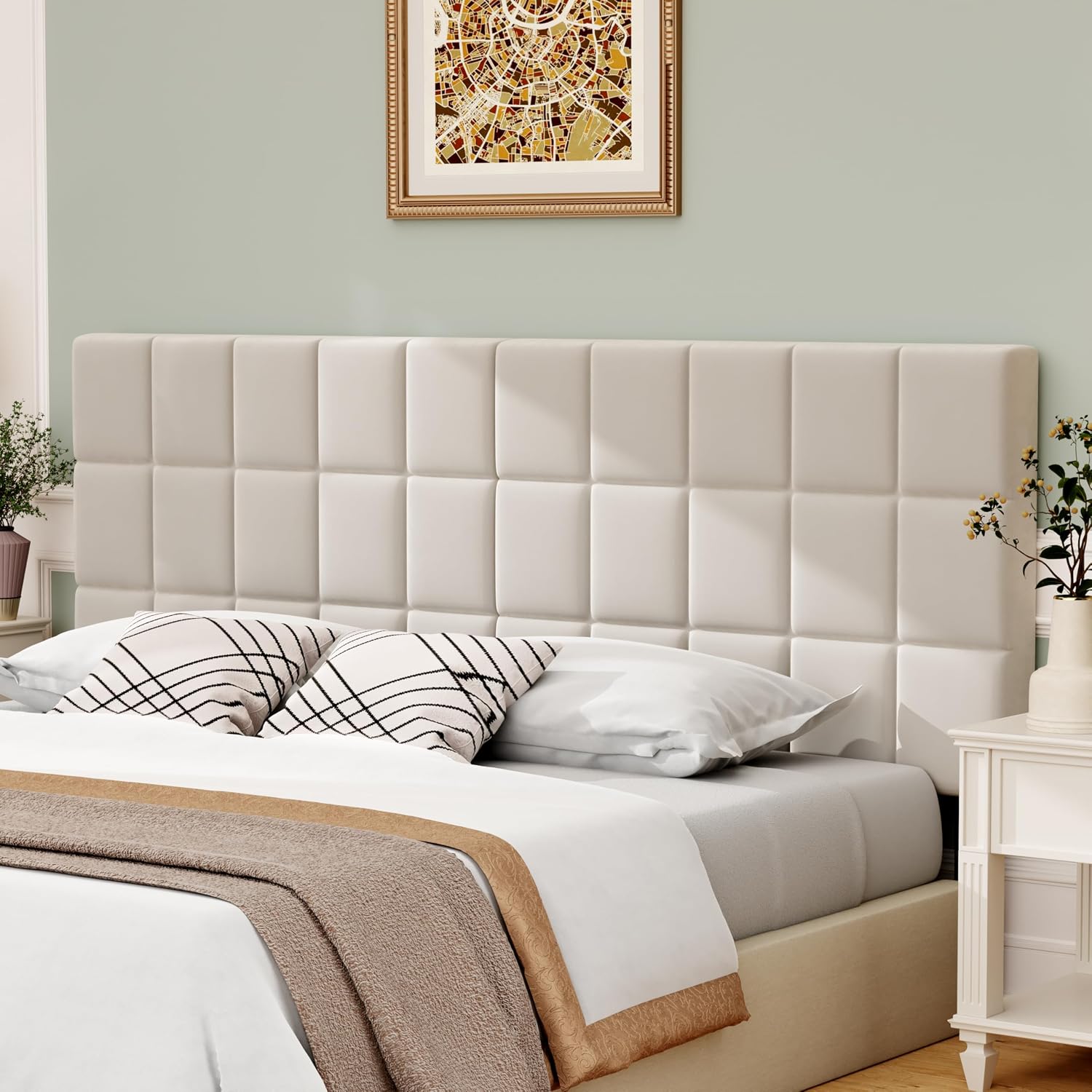 ALISH Velvet Tufted Headboard with Adjustable Height and Width, Foldable Upholstered Headboard with Metal Legs for King Size Metal and Wood Bed Frame (Beige, King)