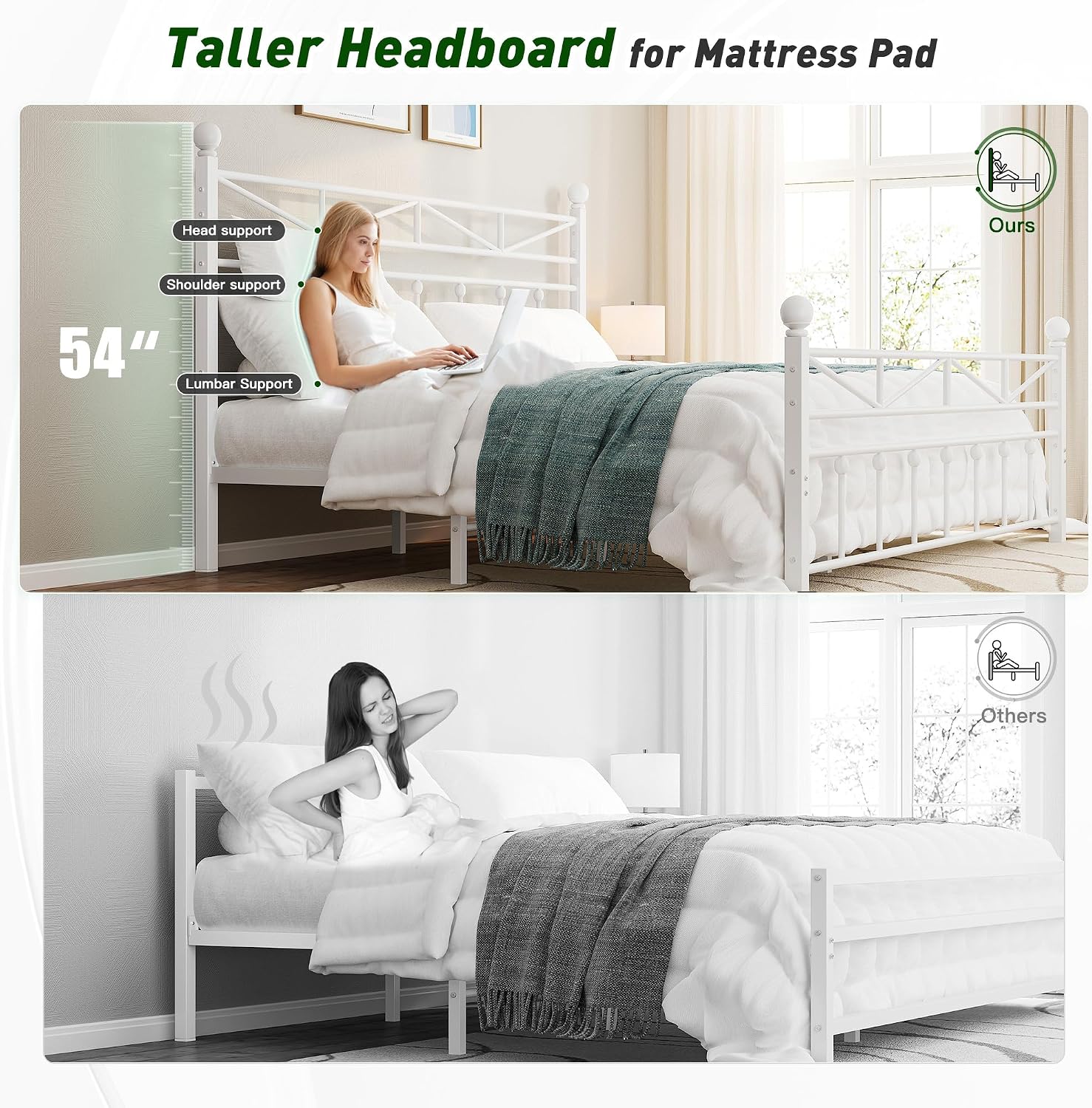EnHomee 14.2' Metal Twin Bed Frames with Tall Headboard & Footboard, LED Light Twin Bed Frame, Strong Metal Slats Support and Noise-Free Design with Under Bed Storage/No Box Spring Needed/White