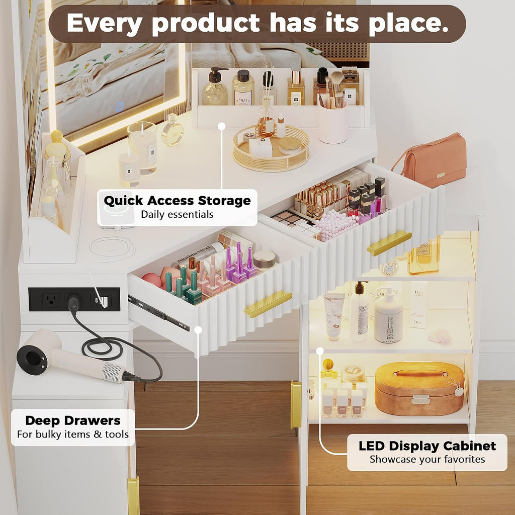 Corner Vanity Desk with 3 Way Mirror and Lights, 54' Modern Makeup Table Set with 2 Drawers & 2 Storage Cabinets, Charging Station, Stool, Large Bedroom Hexagonal Dressing Table (Matte White)