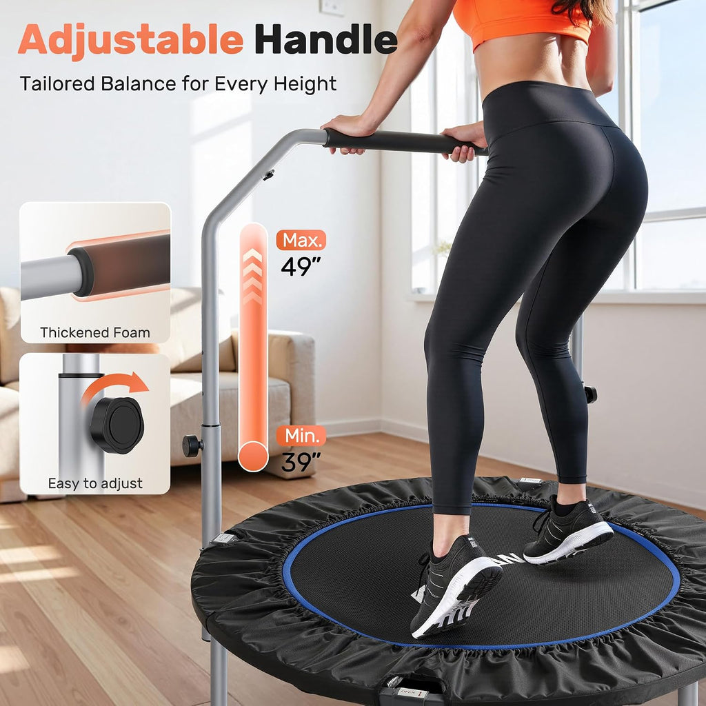 BCAN SP2 40/48' Foldable Mini Trampoline Max Load 330lbs/440lbs, Fitness Rebounder with Adjustable Foam Handle, Exercise Trampoline for Adults Indoor/Garden Workout | FED Fitness