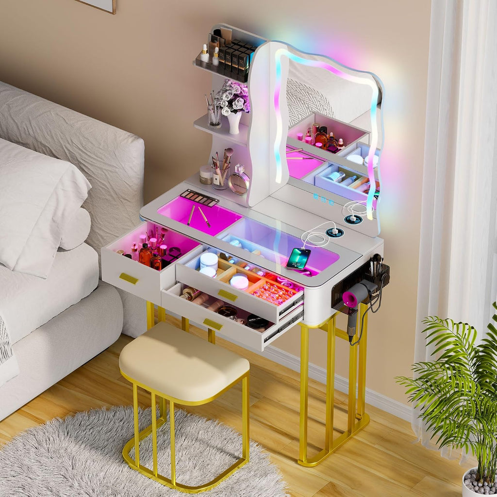 Lvifur RGB Small Vanity Desk with 7 Dynamic & 7 Static Lights, Glass Top Vanity Table with Wireless Charging Station, Make up Vanity Set with Mirror and Cushioned Stool, Gift for Little Girls