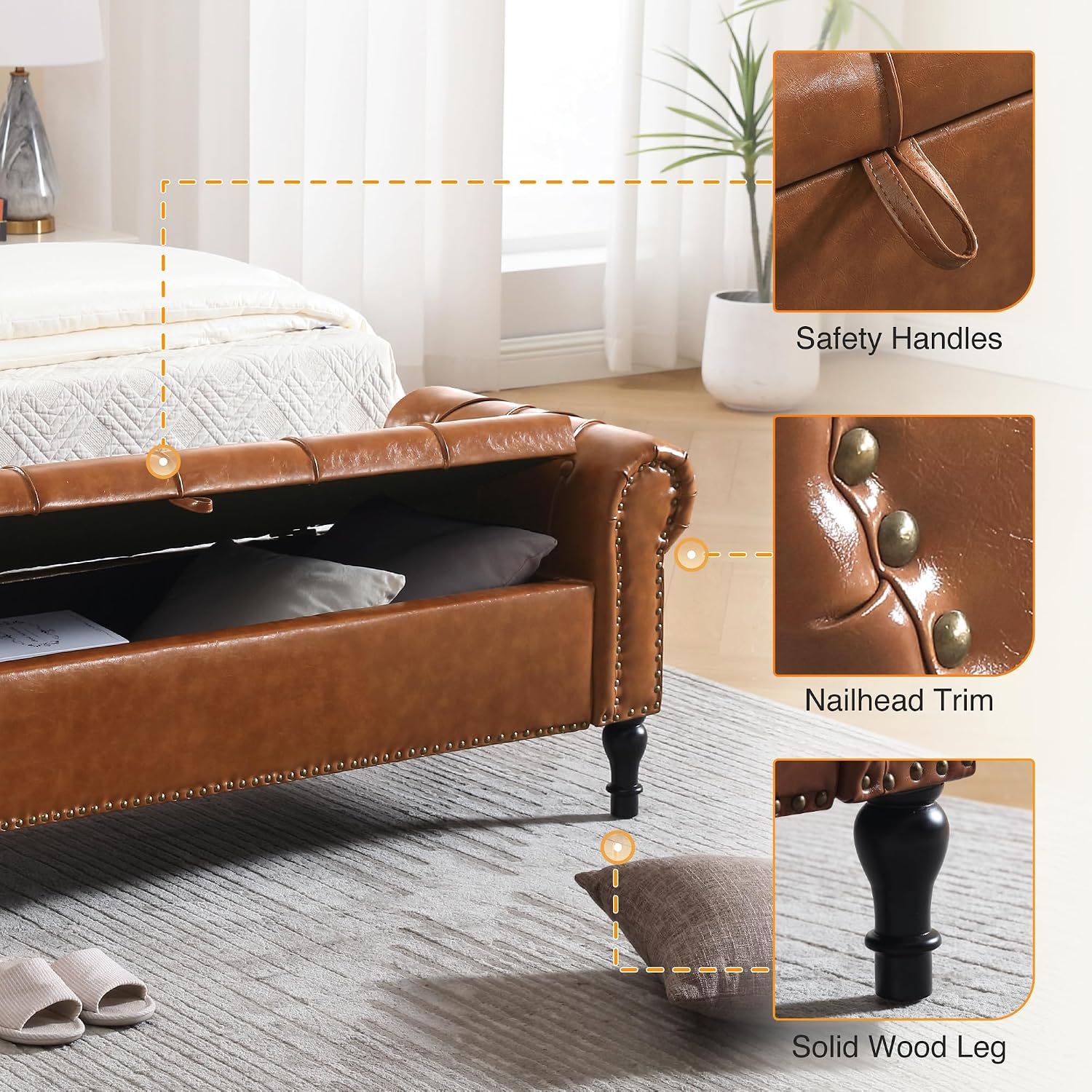 Faux Leather Storage Bench for Bed Room 67 Inch Upholstered Tufted Ottoman Bench with Arms King Size Large Storage Space End of Bed Benches for Bedroom Living Room Entryway Brown