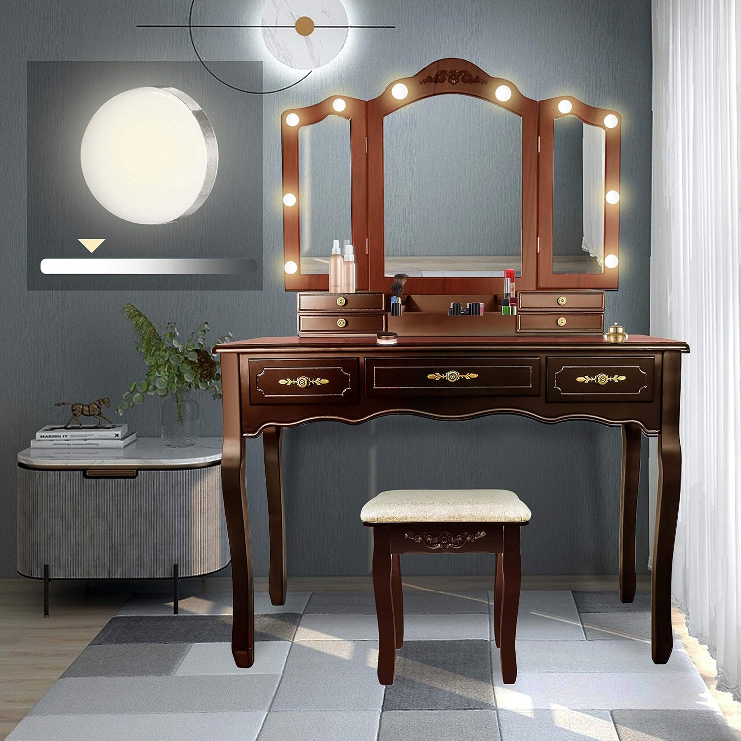 ENSTVER Vintage Vanity Set with 10 Hollywood LED Light Bulbs, Makeup Table with Stool and Mirror, Antique Vanity 6 Organization 7 Drawers, Dressing Table for Bedroom, Victorian Vanity Brown