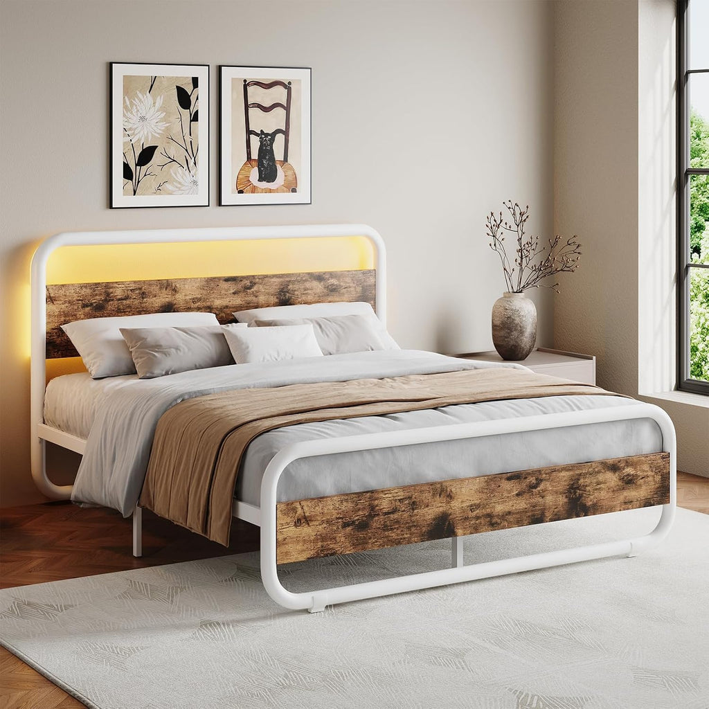 Catrimown Full Size Bed Frame with LED Lights, Heavy Duty Metal Rustic Platform Bed Frame Full Size with Wood Headboard, Noise Free, No Box Spring Needed, White