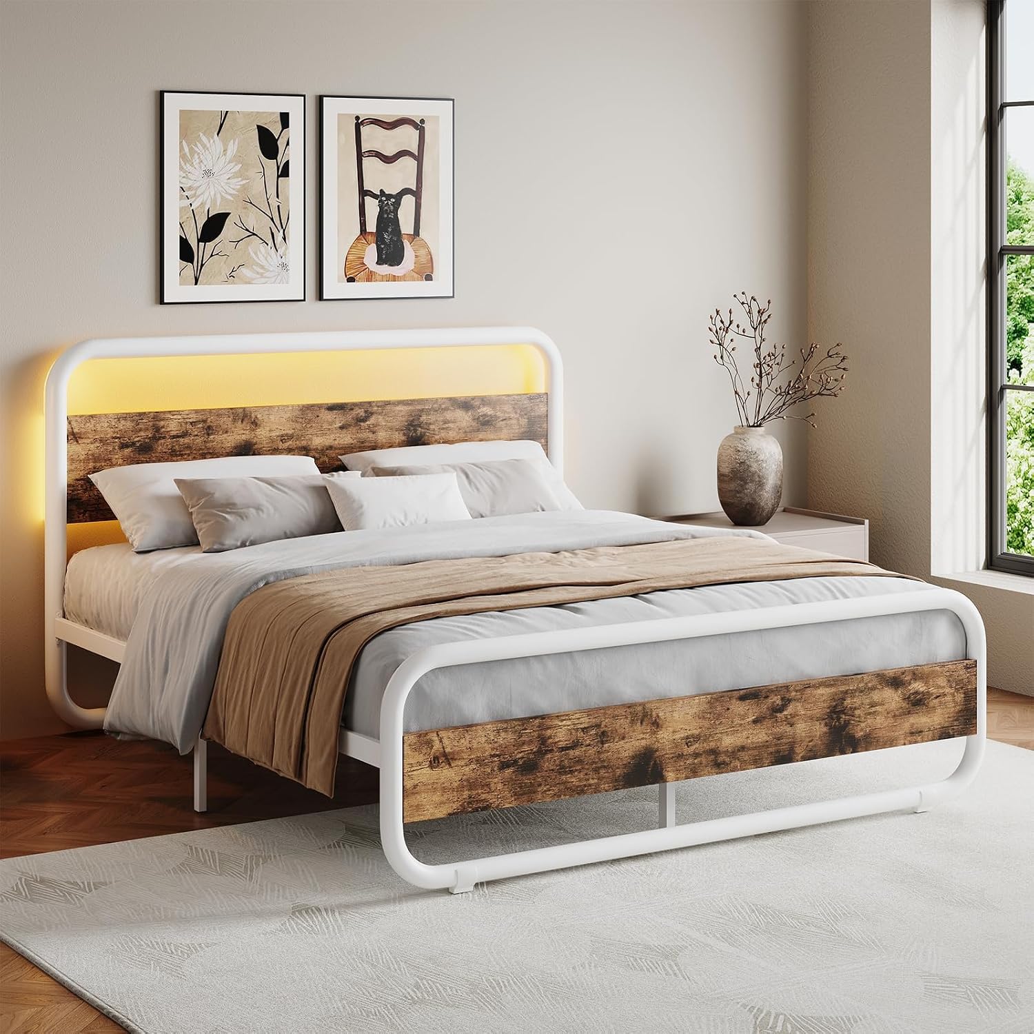 Catrimown Queen Bed Frame with LED Lights, Heavy Duty Metal Rustic Platform Bed Frame Queen Size with Headboard, Noise Free, No Box Spring Needed, White