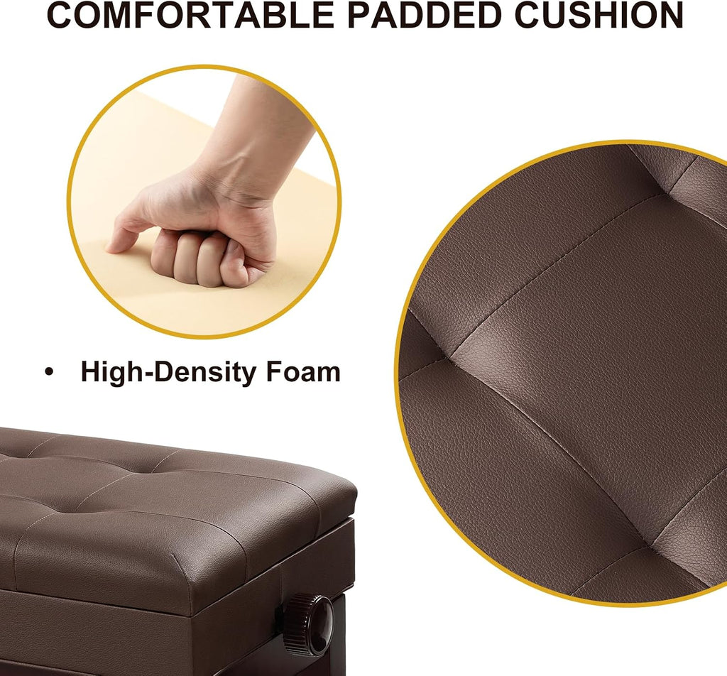 Adjustable Height Piano Bench with Storage, Solid Wood Duet Keyboard Stool, Waterproof Padded Seat Cushion, Multi-Use Bench for Piano, Vanity, Living Room, Bedroom XJ750-4(Brown)