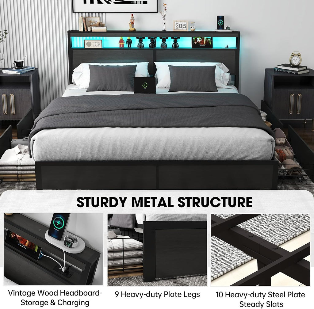 Fabulis King Bed Frame with Storage Headboard and 4 Drawers, Metal Platform Bed Frame with LED Light, Charging Station, No Box Spring Needed, Noise Free, Easy Assembly,Charcoal Grey