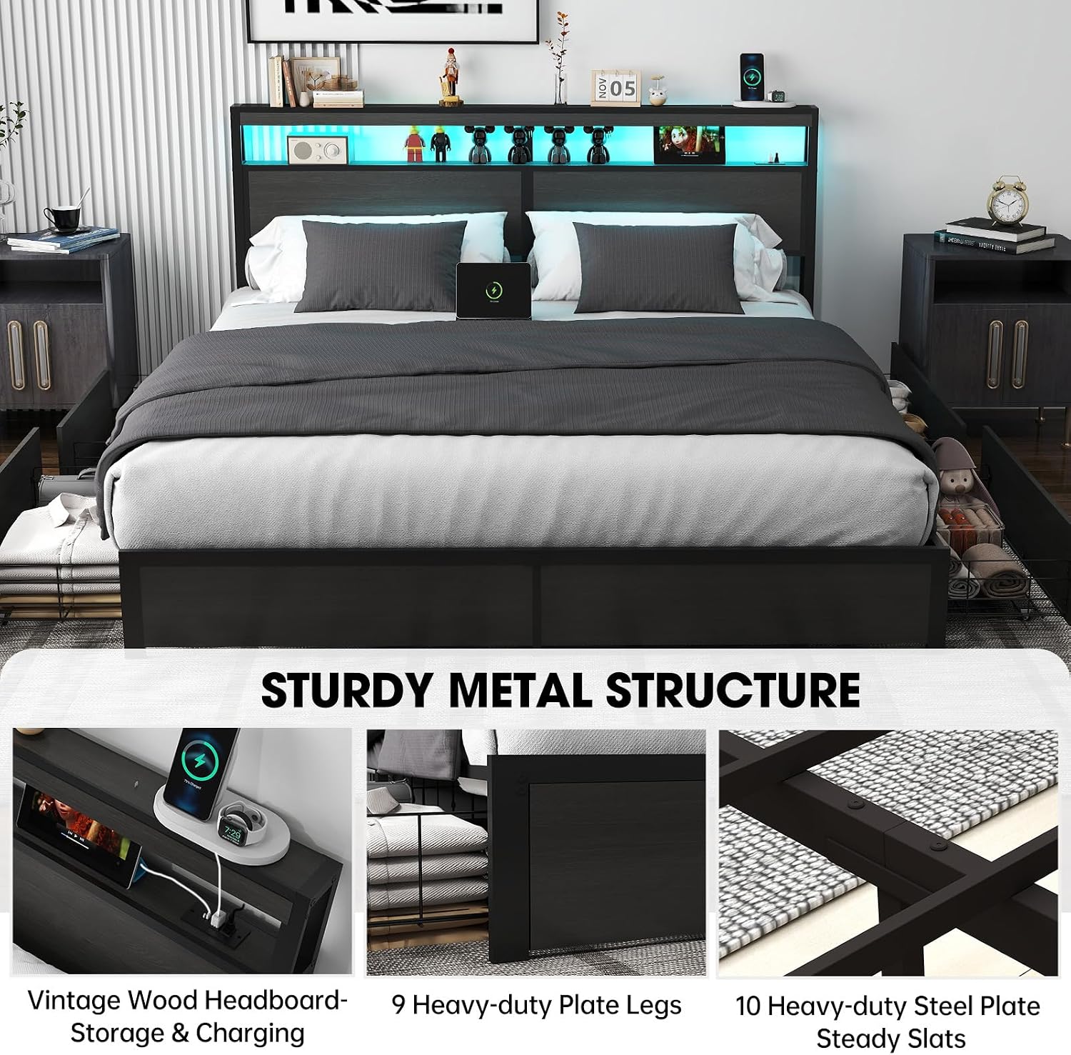 Fabulis King Bed Frame with Storage Headboard and 4 Drawers, Metal Platform Bed Frame with LED Light, Charging Station, No Box Spring Needed, Noise Free, Easy Assembly,Charcoal Grey