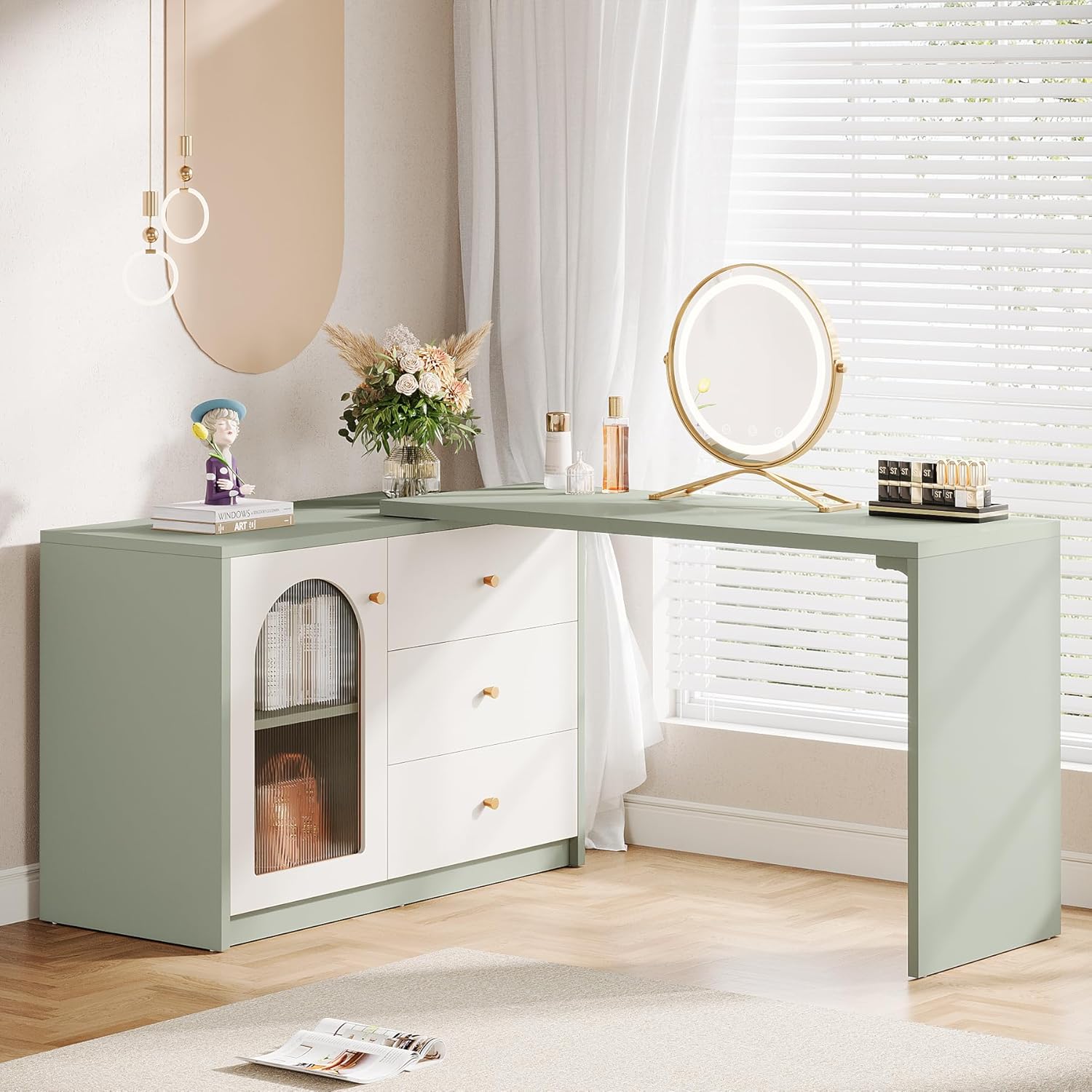 Tribesigns Modern Makeup Vanity, Retractable Large Vanity Desk with 3 Drawers and Cabinet, Makeup Corner Dressing Table for Bedroom, Light Green and White (Without Mirror)