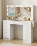 White Vanity with Lighted Mirror, 11 Drawers Vanity with Mirror and 12 LED Lights, 46' Makeup Vanity with 3 Lighting Modes Adjustable Brightness, Vanity Desk with Glass Top for Bedroom