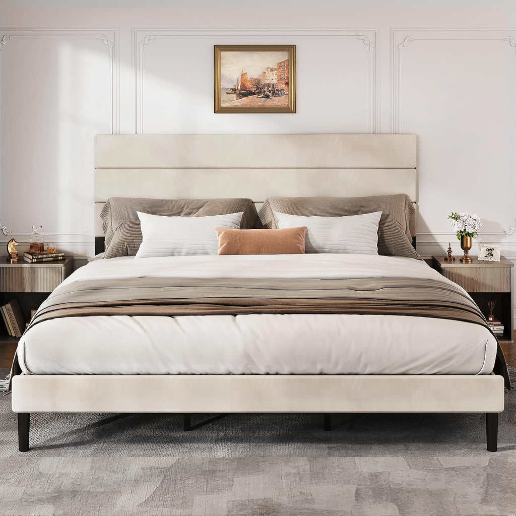 WLIVE Upholstered Bed Frame, King Size Bed Frame with Headboard, Platform Bed with Wood Slats, 1500LBS Mattress Foundation, No Box Spring Needed, Easy Assembly, Velvet Beige