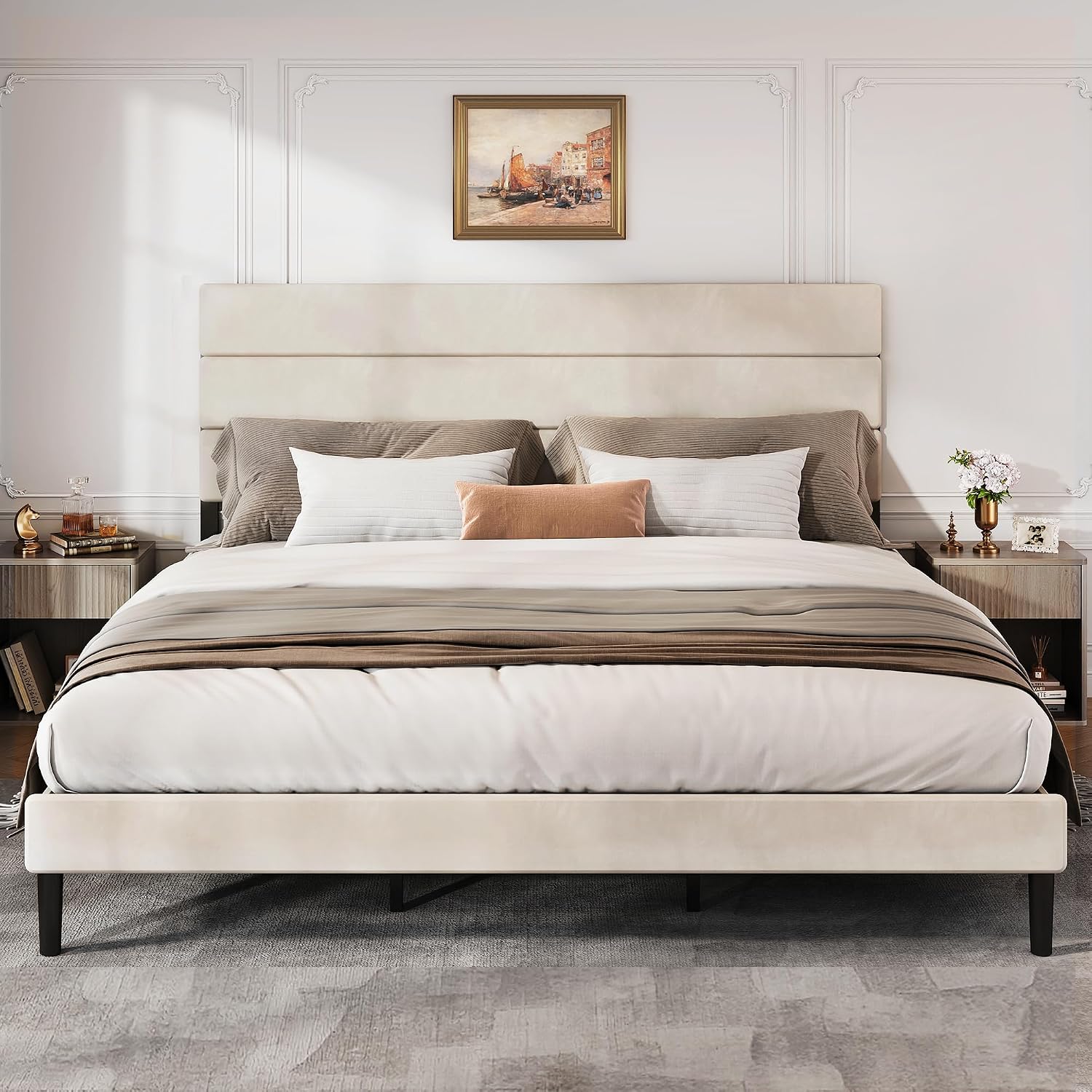 WLIVE Upholstered Bed Frame, King Size Bed Frame with Headboard, Platform Bed with Wood Slats, 1500LBS Mattress Foundation, No Box Spring Needed, Easy Assembly, Velvet Beige