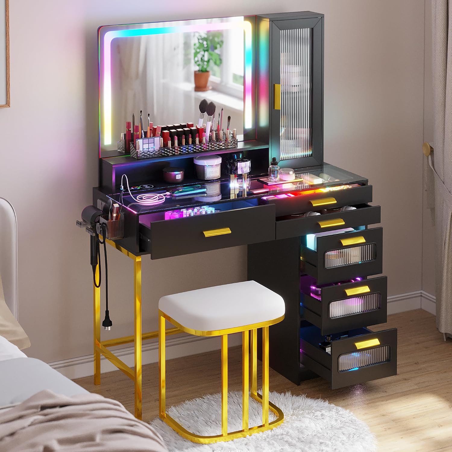 WOOVIVS Vanity with LED Mirror, Makeup Desk with 24 RGB Atuo Lighted Drawers for Bedroom, Glass Top Vanities Table Set with Wireless Charging Station, Chair,Jewelry Organizer for Girls/Women (Black)