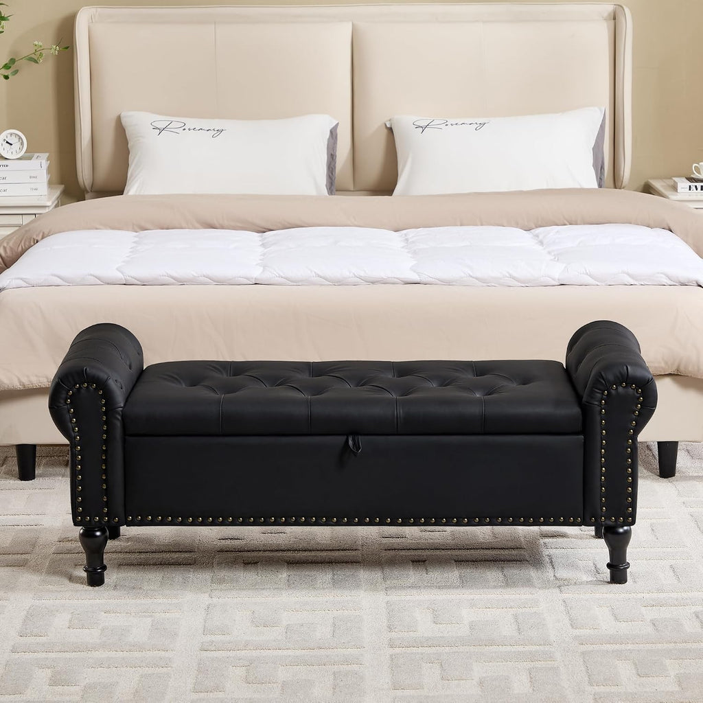 Storage Bench for Bedroom, 51' Upholstered End of Bed Bench, Faux Leather Queen Size Benches with Rolled Arms, Tufted Button Storage Long Ottoman, Living Room, Entryway, Black