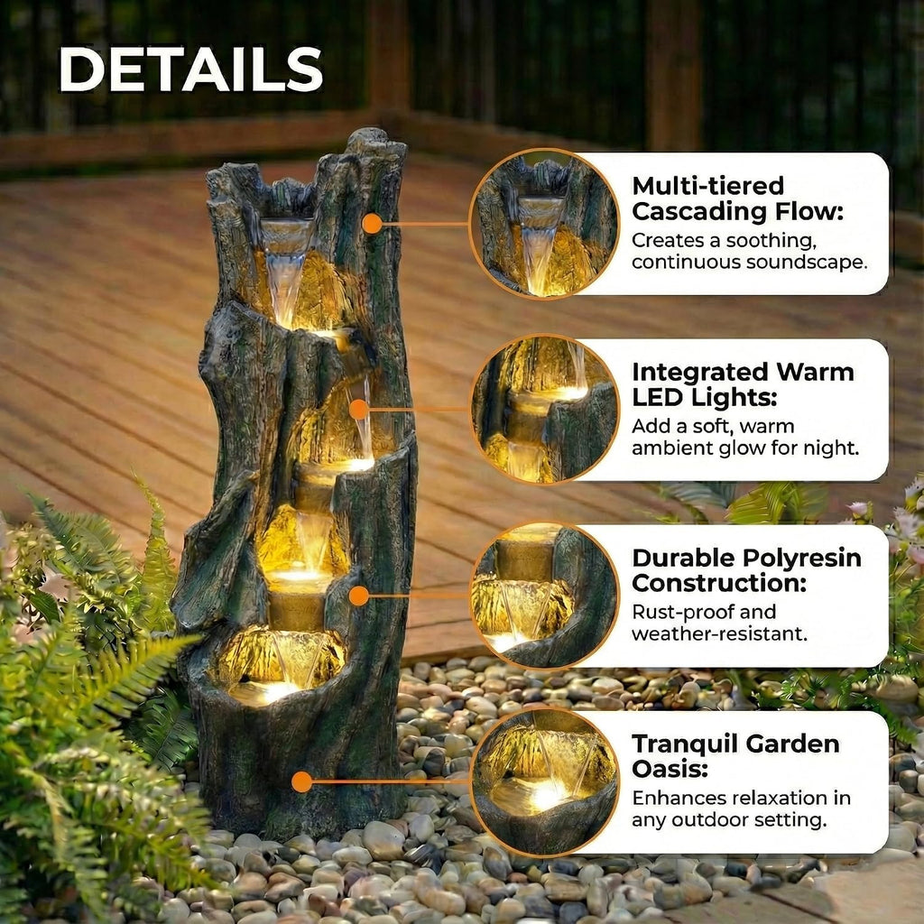 Waterfall Fountain for Outdoor Gardens and Patio Backyards – Includes Energy-Efficient LED Lights and Easy Setup for Instant Relaxation