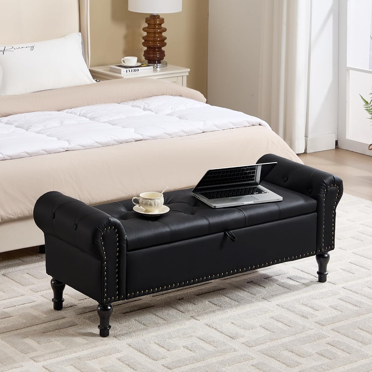 Storage Bench for Bedroom, 51' Upholstered End of Bed Bench, Faux Leather Queen Size Benches with Rolled Arms, Tufted Button Storage Long Ottoman, Living Room, Entryway, Black