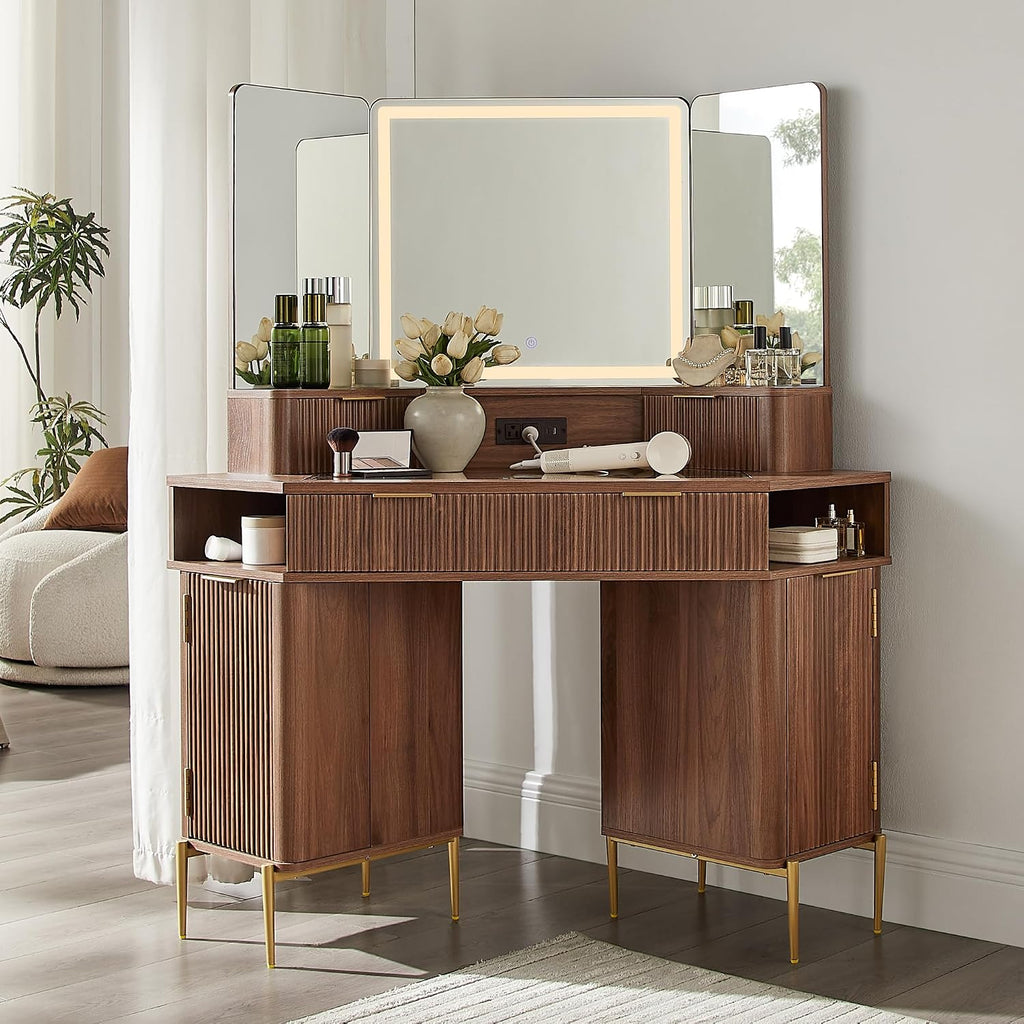 T4TREAM 48' Fluted Makeup Vanity Desk with HD Triple Mirror and Lights, Large Lighted Corner Vanity with Glass Top, Modern Dressing Table with 3 Drawers & 2 Cabinets for Bedroom, Light Walnut