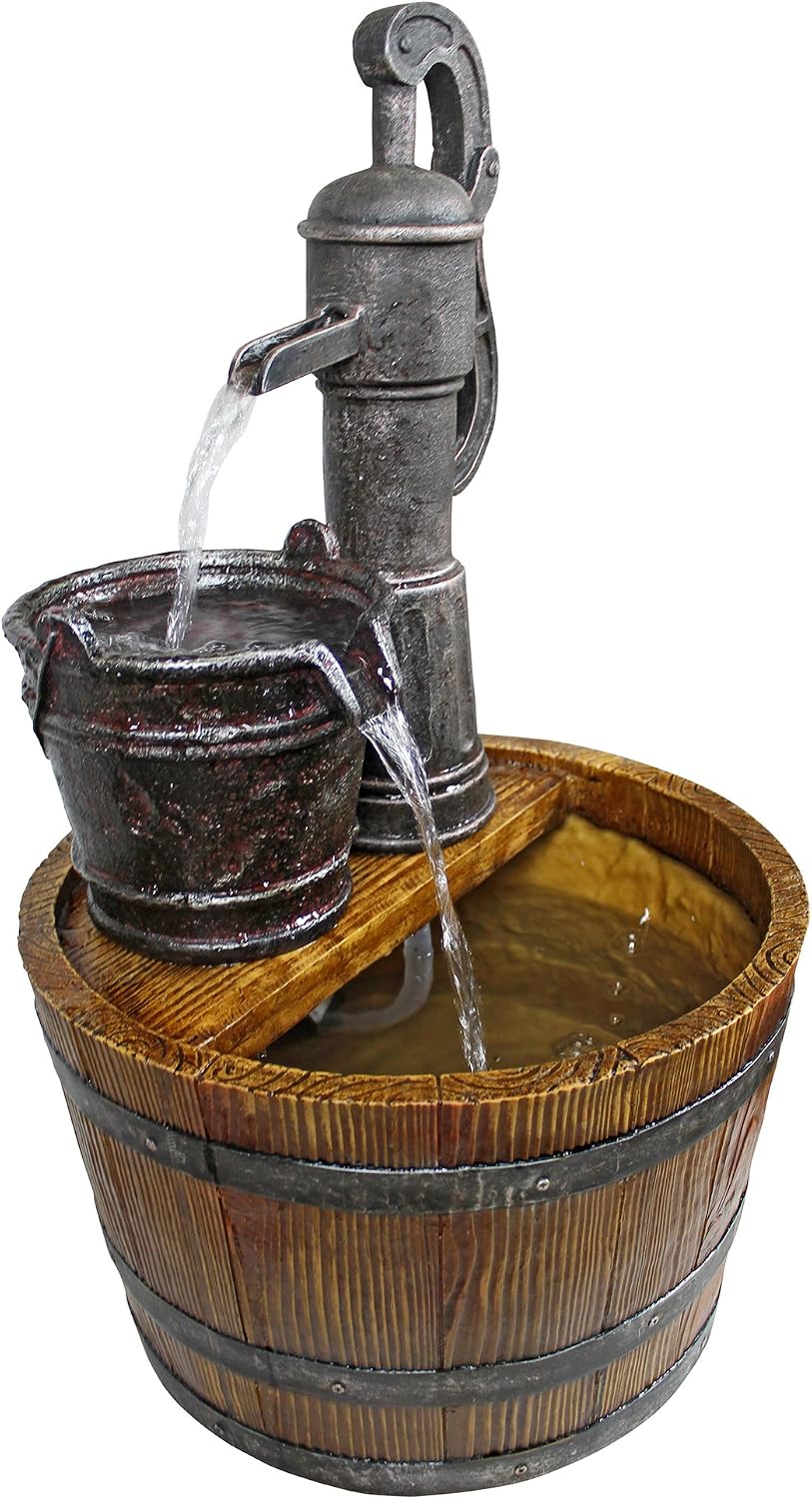 Design Toscano SS11155 Water Fountain - Cistern Well Pump Wood Barrel Garden Decor Fountain - Outdoor Water Feature,full color