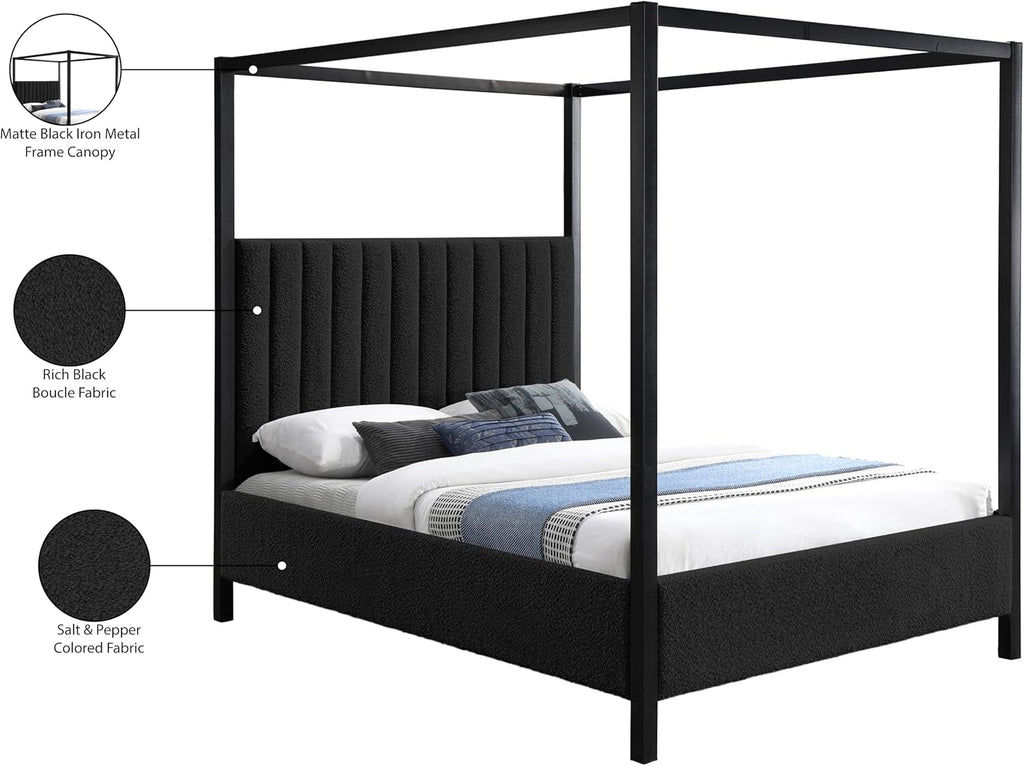 Meridian Furniture KellyBlack-K Kelly Collection Modern | Contemporary King Bed with Rich Black Boucle Fabric, Matte Black Iron Metal Frame Canopy, 78.5' W x 84.5' D x 77' H, Black, King