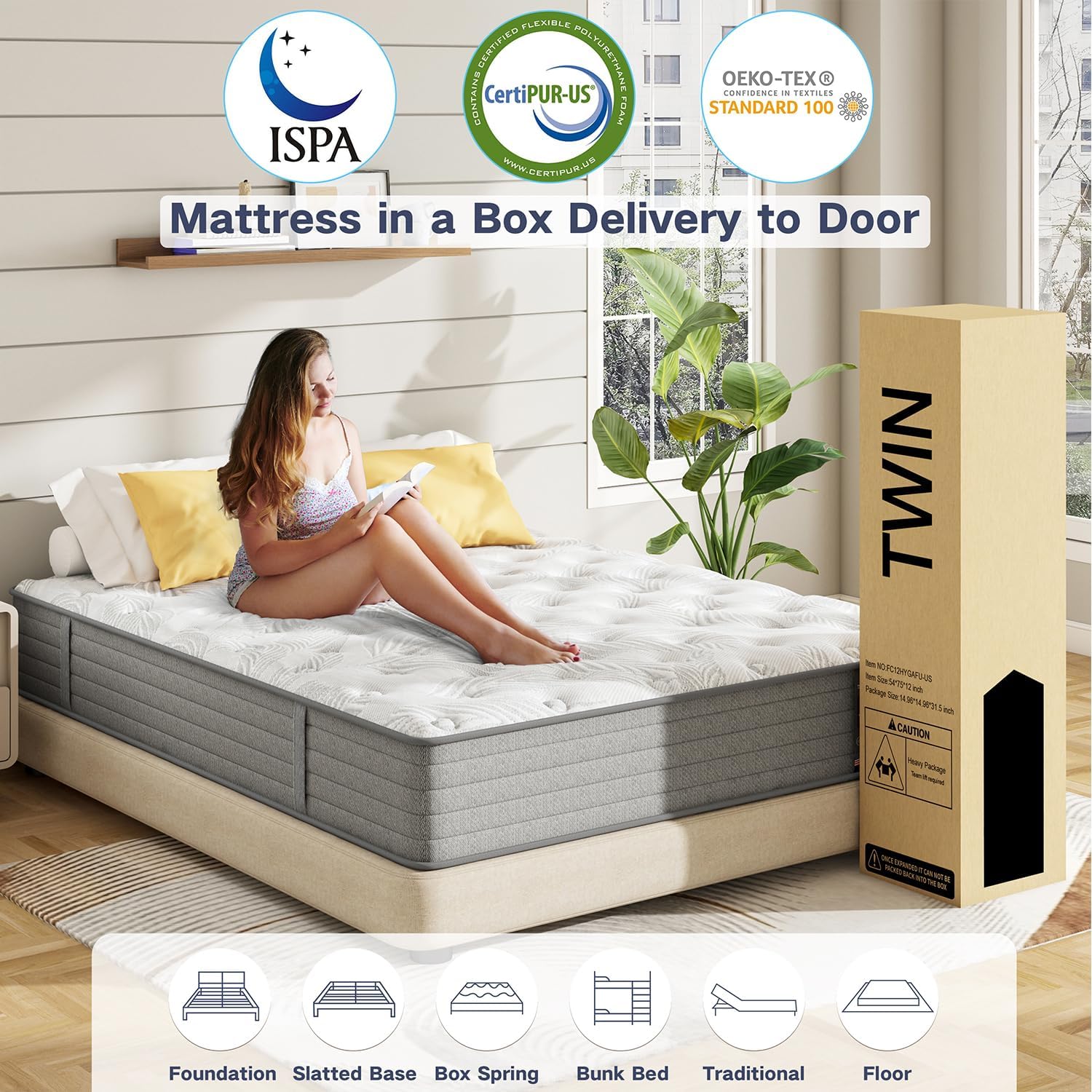 6V-Sermmoo Twin Mattress, 12 Inch Memory Foam Hybrid Mattress in a Box with Independent Spring, Medium Firm, Edge Support & Pressure Relief, CertiPUR-US Certified,39'*75'*12'
