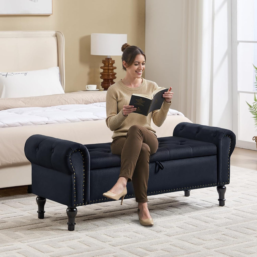 Storage Bench for Bedroom, 51' Upholstered End of Bed Bench, Velvet Queen Size Benches with Rolled Arms, Tufted Button Storage Long Ottoman, Living Room, Entryway, Black