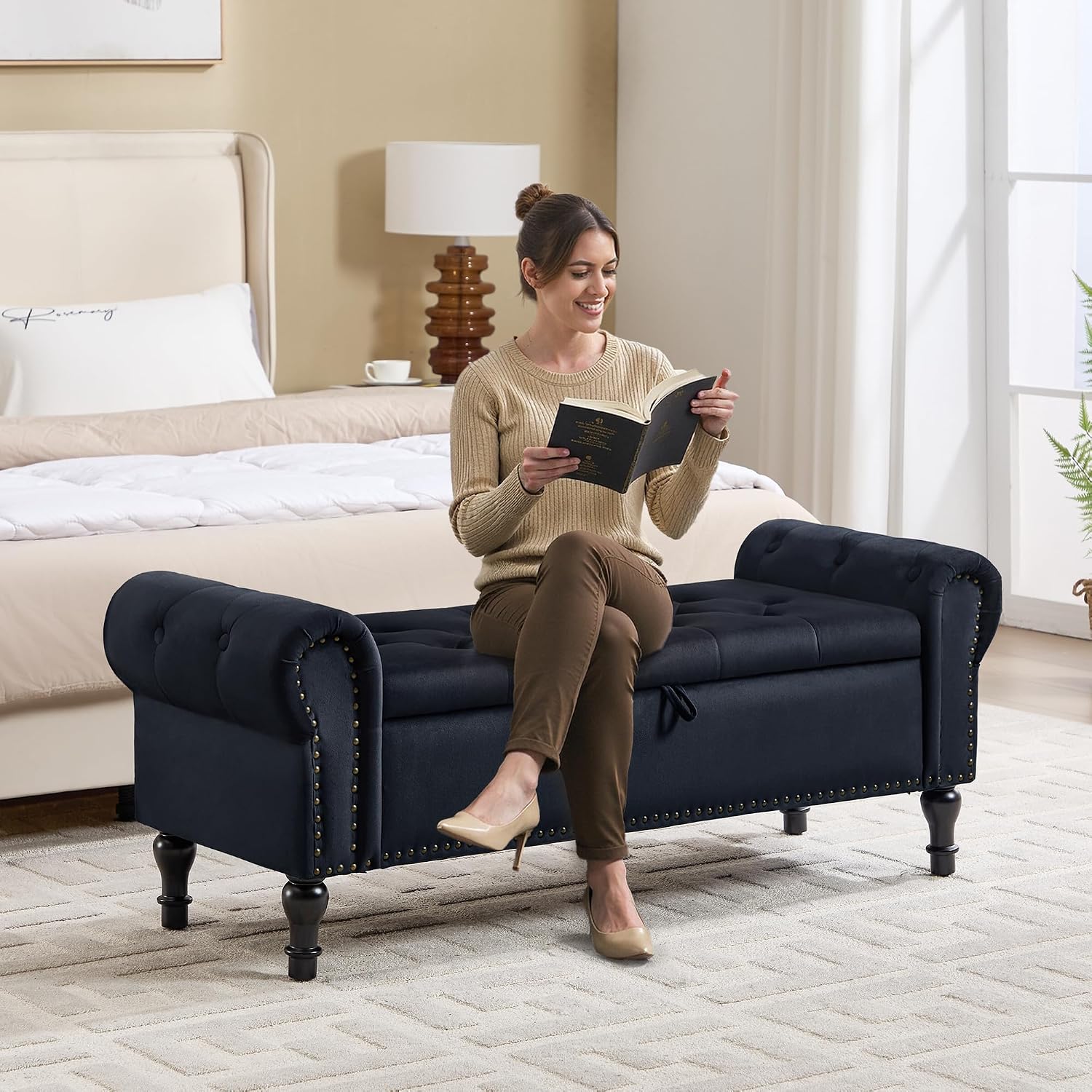 Storage Bench for Bedroom, 51' Upholstered End of Bed Bench, Velvet Queen Size Benches with Rolled Arms, Tufted Button Storage Long Ottoman, Living Room, Entryway, Black