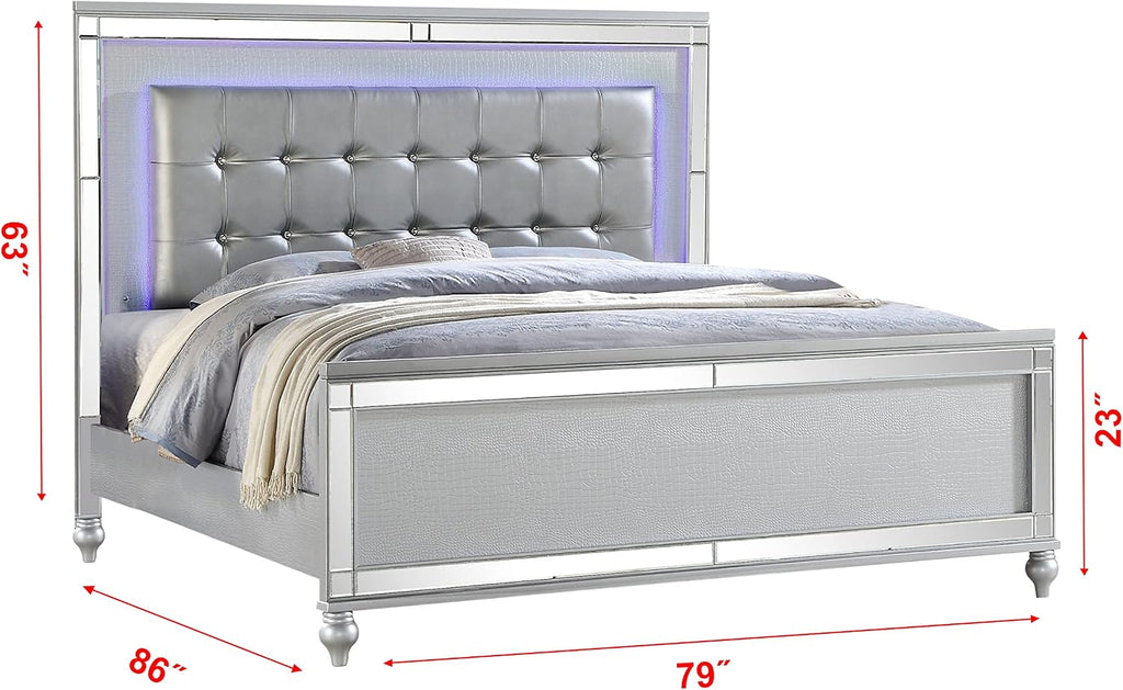King LED Bedroom Set: 4-Piece Wooden Silver Contemporary Furniture - Crystal-Tufted Headboard with Integrated Lights - Luxury Bedroom Ensemble for Modern Homes