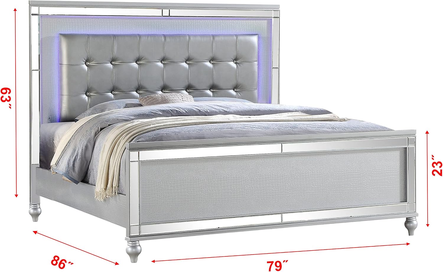 King LED Bedroom Set: 4-Piece Wooden Silver Contemporary Furniture - Crystal-Tufted Headboard with Integrated Lights - Luxury Bedroom Ensemble for Modern Homes