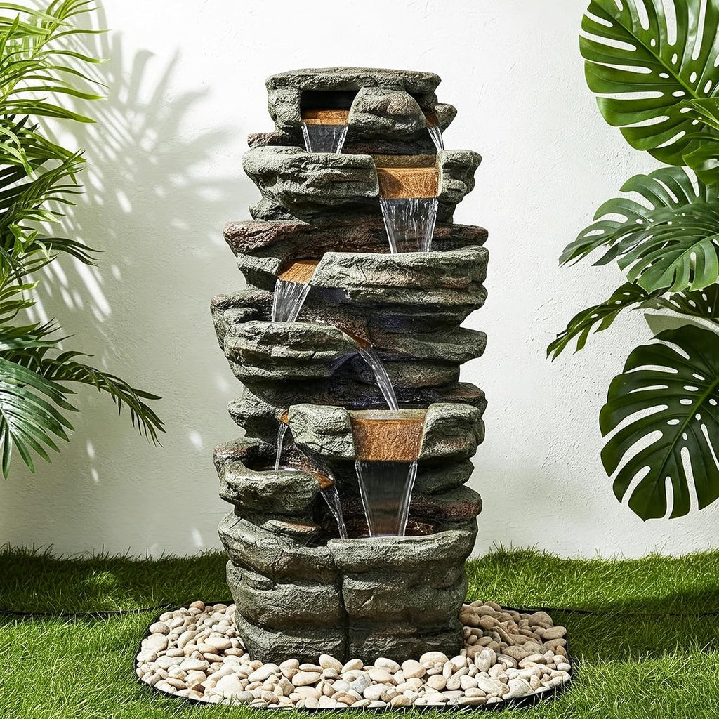 Naturefalls 48' High Outdoor Rock Water Fountain with LED Lights - Mutil-Tiers Poly-Resin Cascading Waterfall Fountain for Garden, Patio, Yard, Home Decor