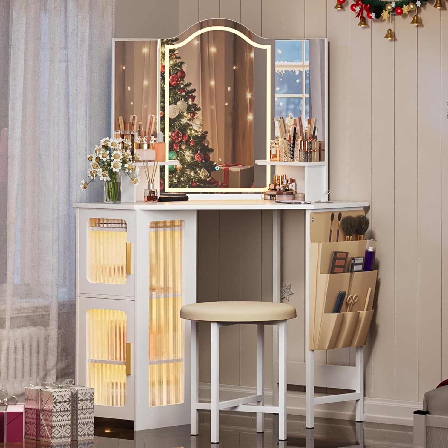 LVSOMT Corner Makeup Vanity Desk with Mirror and Lights, 44' Dressing Table with Charging Station, Makeup Table with Stool, Storage Cabinet and Adjustable Shelf, Bedroom Vanity for Girls Women, White