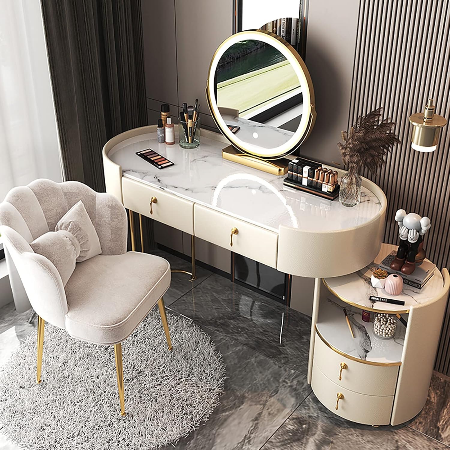 Dresser Table Women Vanity Makeup Table Set Makeup with 3 Drawers Dressing Table with Lighted Mirror and Chair Vanity Benches Desk for Her (Color : White, Size : L:100cm/39.4')