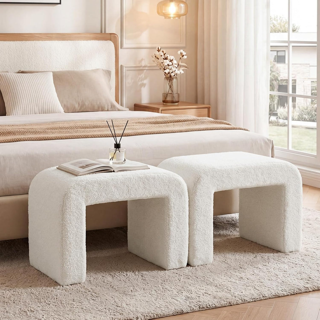 Tribesigns Ottoman Stool for Vanity, Modern Foot Rest for Couch, Large Sherpa Upholstered Foot Stool Ottoman, Arched Shoe Bench for Entryway, Extra Seating for Living Room, Bedroom, No Assembly, White