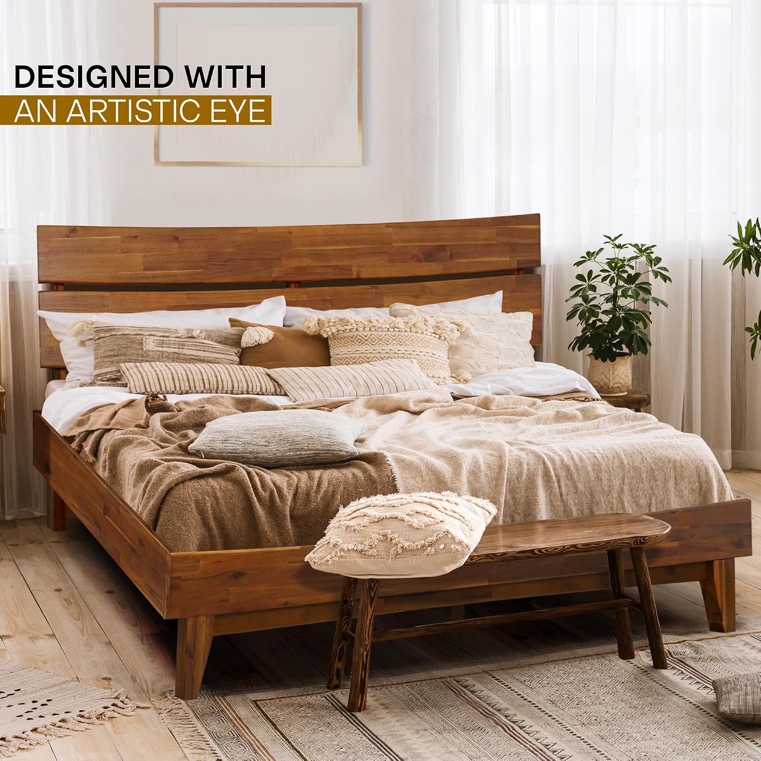 Acacia Aurora Bed Frame with Headboard 100% Solid Wood Platform Bed, Scandinavian Bed Style with All Mattresses, Non-Slip and Noise-Free, 30 Mins Assembly, Queen Size Bed Frame Caramel