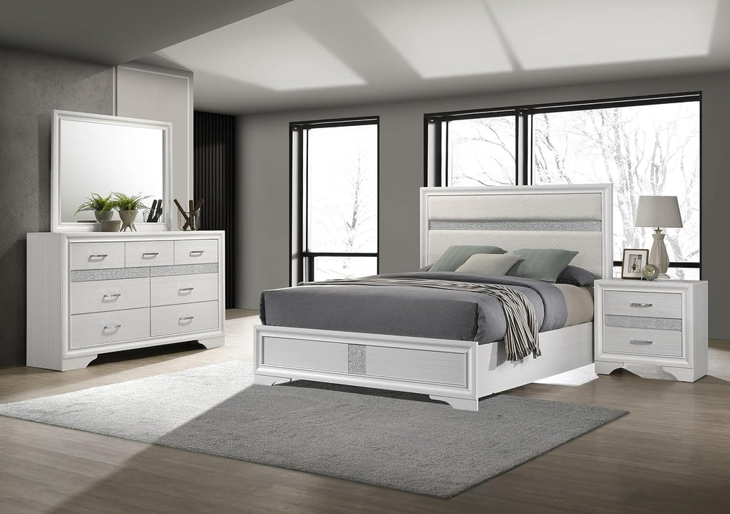 Coaster Home Furnishings Miranda Contemporary 4-Piece Bedroom Set Fabric Upholstered California King Size Panel Bed Frame 54-inch Headboard White 205110KW-S4