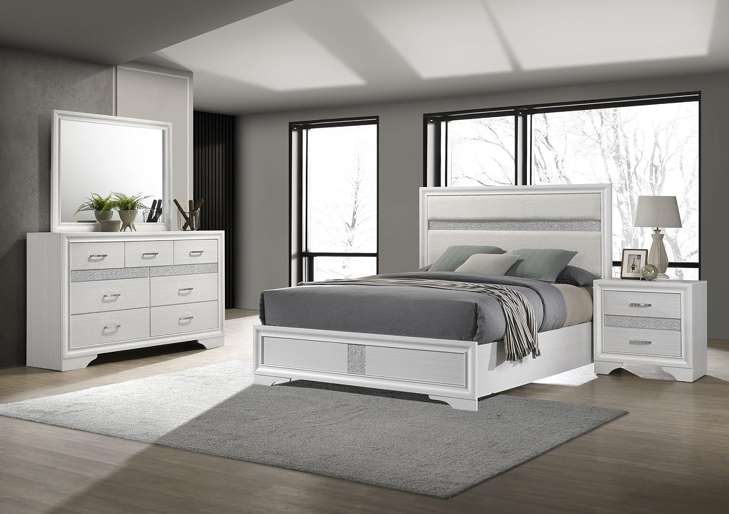 Coaster Home Furnishings Miranda Contemporary 4-Piece Bedroom Set Fabric Upholstered California King Size Panel Bed Frame 54-inch Headboard White 205110KW-S4
