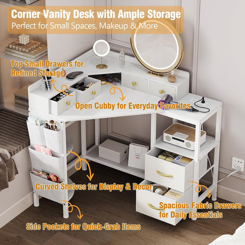 Espelism Corner Vanity Desk with Charging Station, 49.6' Makeup Table with Fabric Drawers & Side Pocket, Space-Saving Dressing Table for Small Space Bedroom Dorm(White)