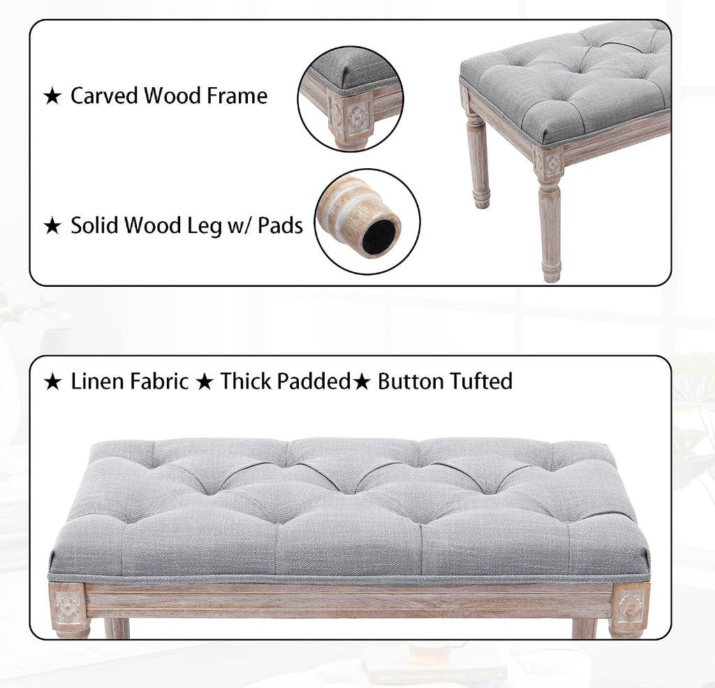 Ottoman Bench Upholstered Fabric Rectangle Entryway Bench, Tufted Piano Bench for 2 People, Rubber Wood Legs with Beautiful Carved Pattern for Bedroom/Living Room/Dining Room (Grey)