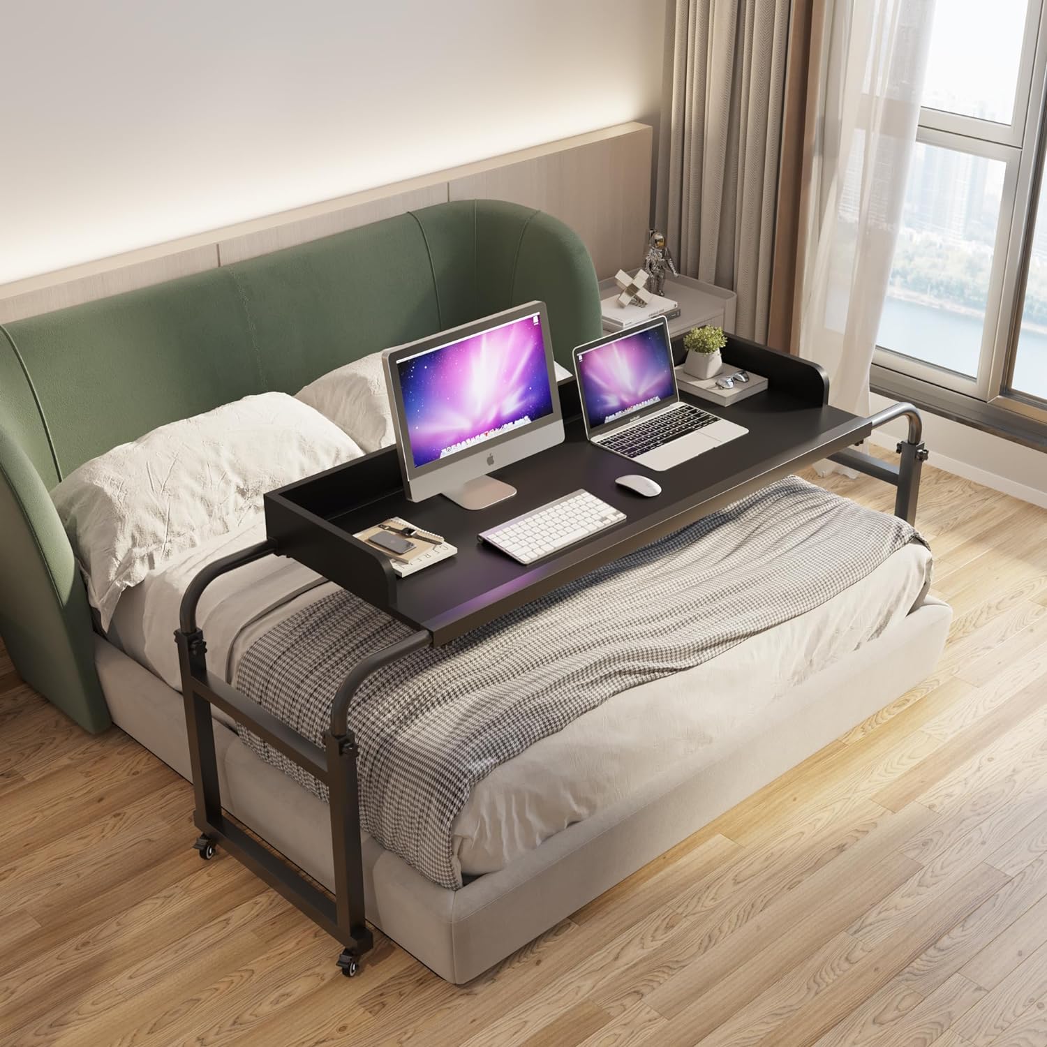 TigerDad Overbed Table with Wheels Overbed Desk Over Bed Desk King Queen Bed Table Overbed Laptop Table Over Bed Table with Wheels(Black)