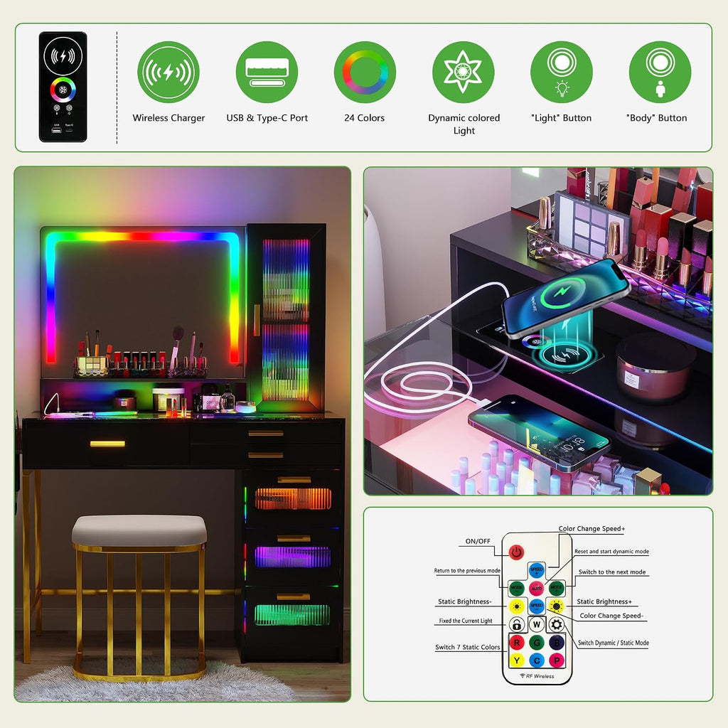 WOOVIVS Vanity with LED Mirror, Makeup Desk with 24 RGB Atuo Lighted Drawers for Bedroom, Glass Top Vanities Table Set with Wireless Charging Station, Chair,Jewelry Organizer for Girls/Women (Black)