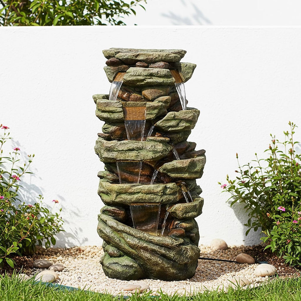Naturefalls 59inches Outdoor Rock Water Fountain with LED Lights - Multi-Tiers Poly-Resin Cascading Waterfall Fountain for Garden, Patio, Yard, Home Decor