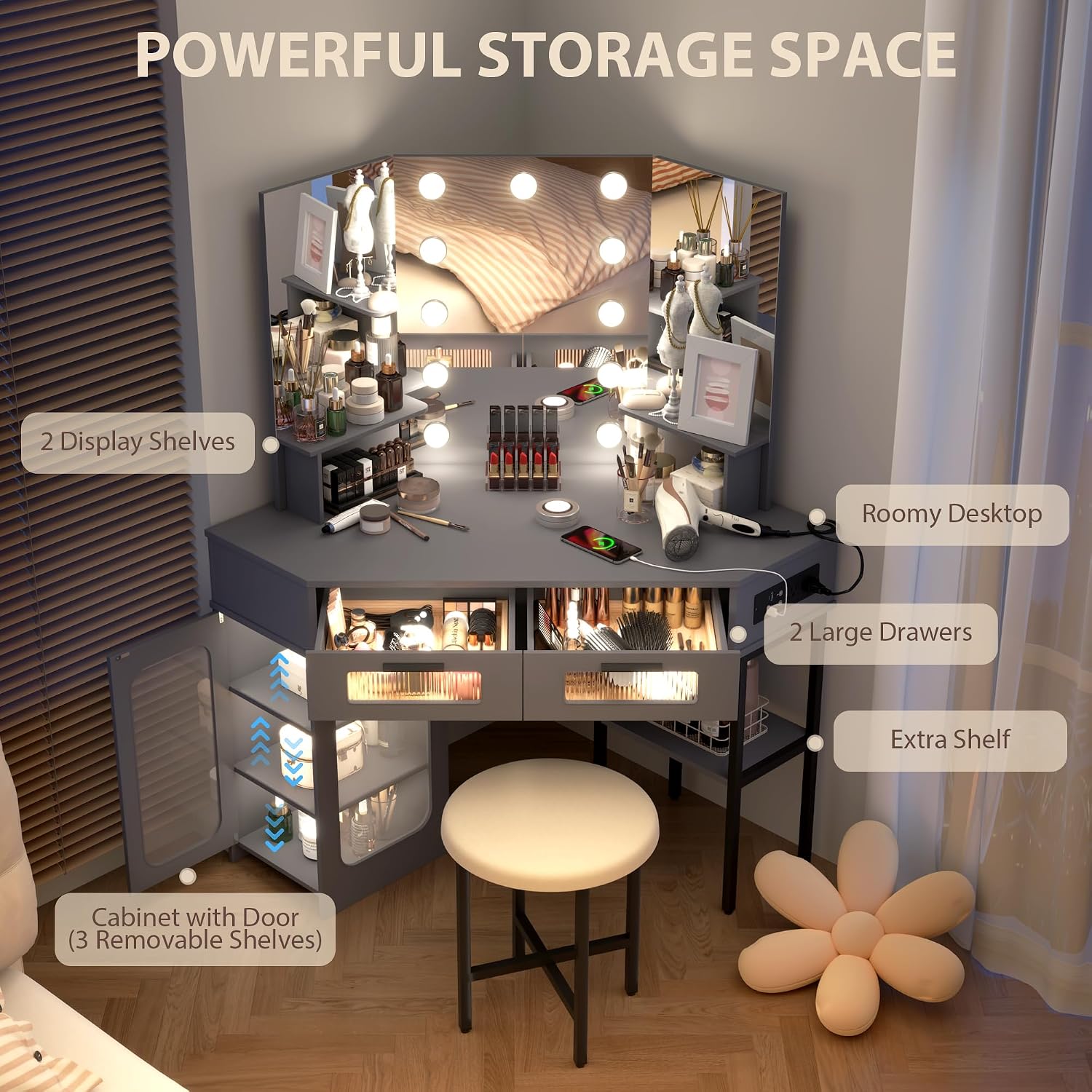 Lareth Corner Vanity Desk with 3 Way Mirror and Lights, Modern Makeup Vanity with Charging Station, Stool, 45.5' Large Bedroom Dressing Table with 2 Drawers & Shelves, Gifts for Girls Women, Grey