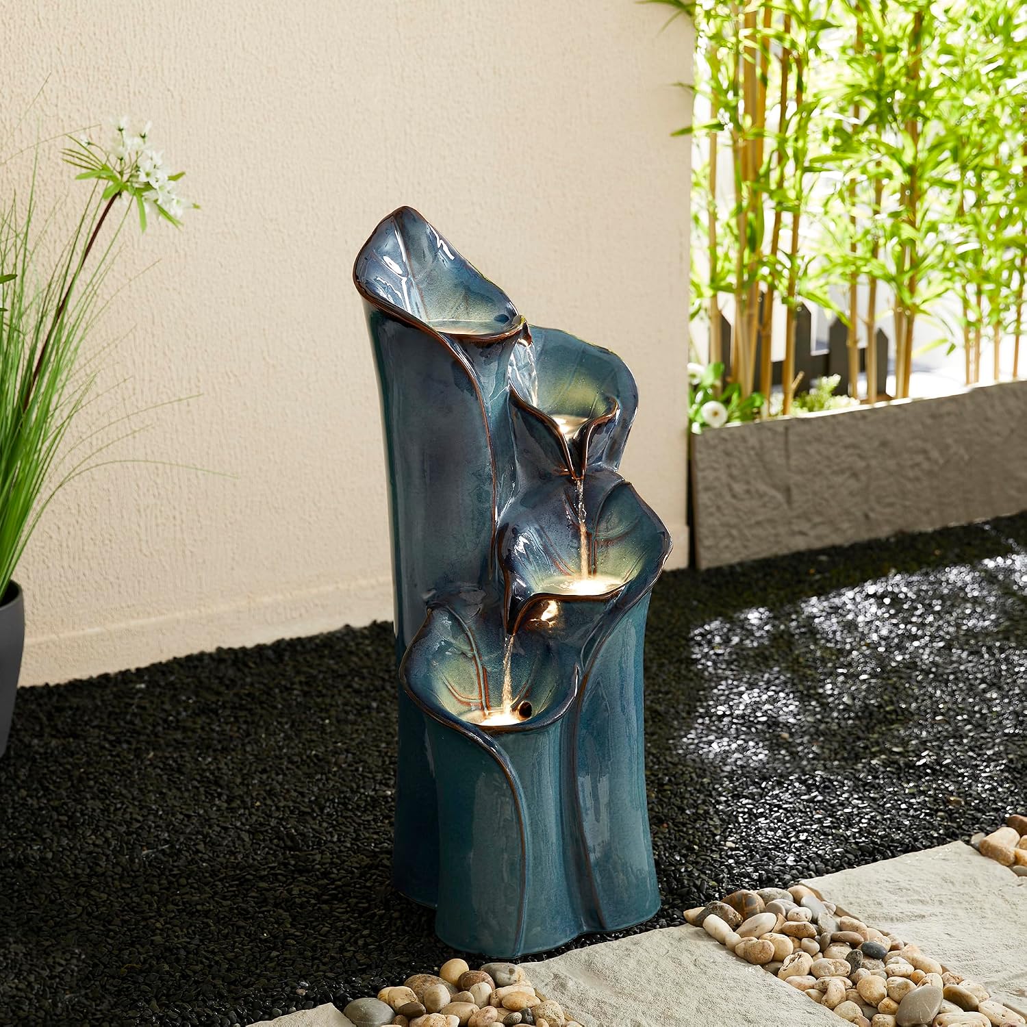 Glitzhome 31.25' H Outdoor Water Fountain with LED Lights and Pump, 4 Tier Turquoise Lotus Leaf Textured Ceramic Floor Standing Fountain, Vase Waterfall Fountains for Porch Deck Garden Patio Backyard