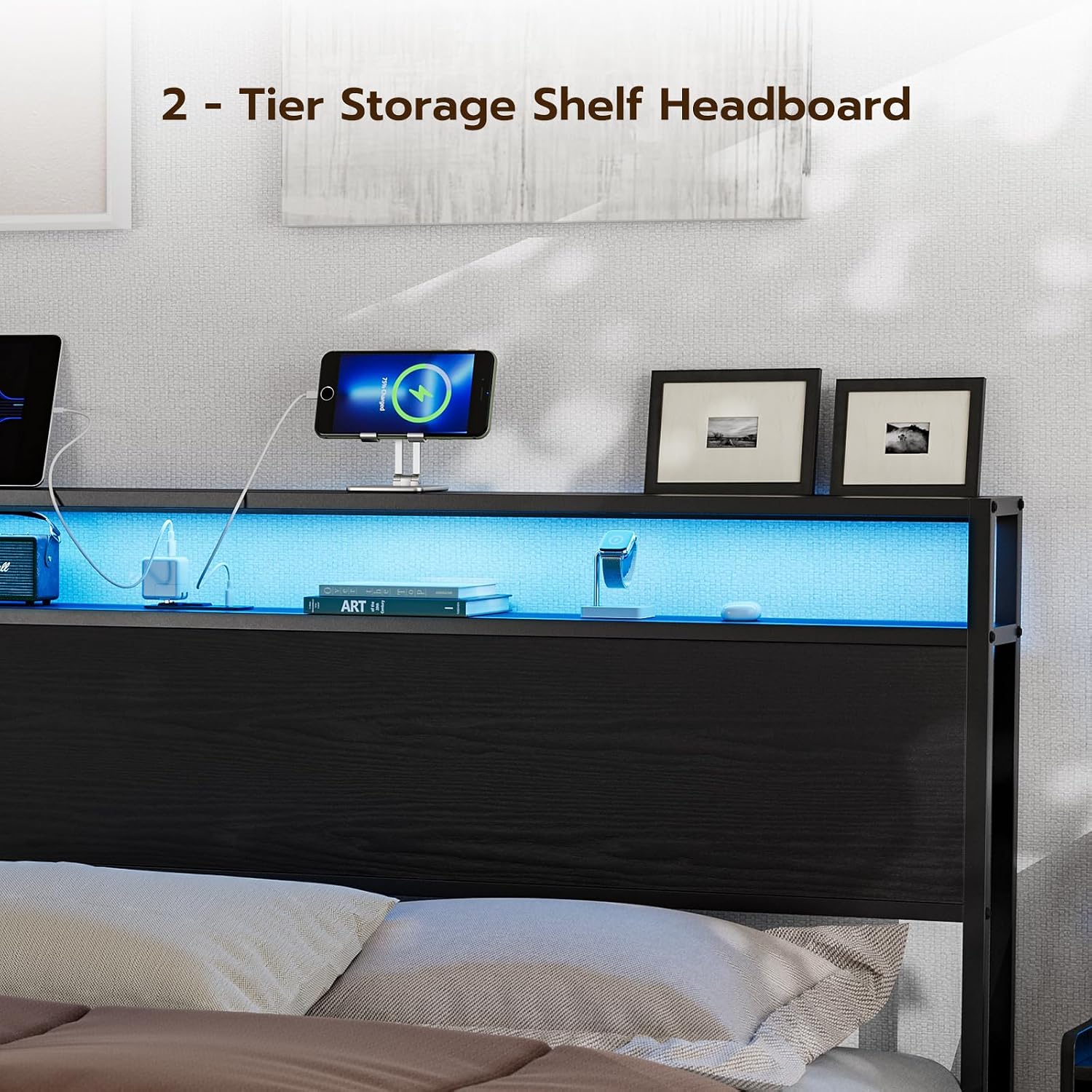 King Size Storage Headboard with Charging Station - 2 Outlets & 2 USB Ports - Farmhouse LED Lights Storage Shelf, Metal and Wood King Headboard, Attach Frame - Black