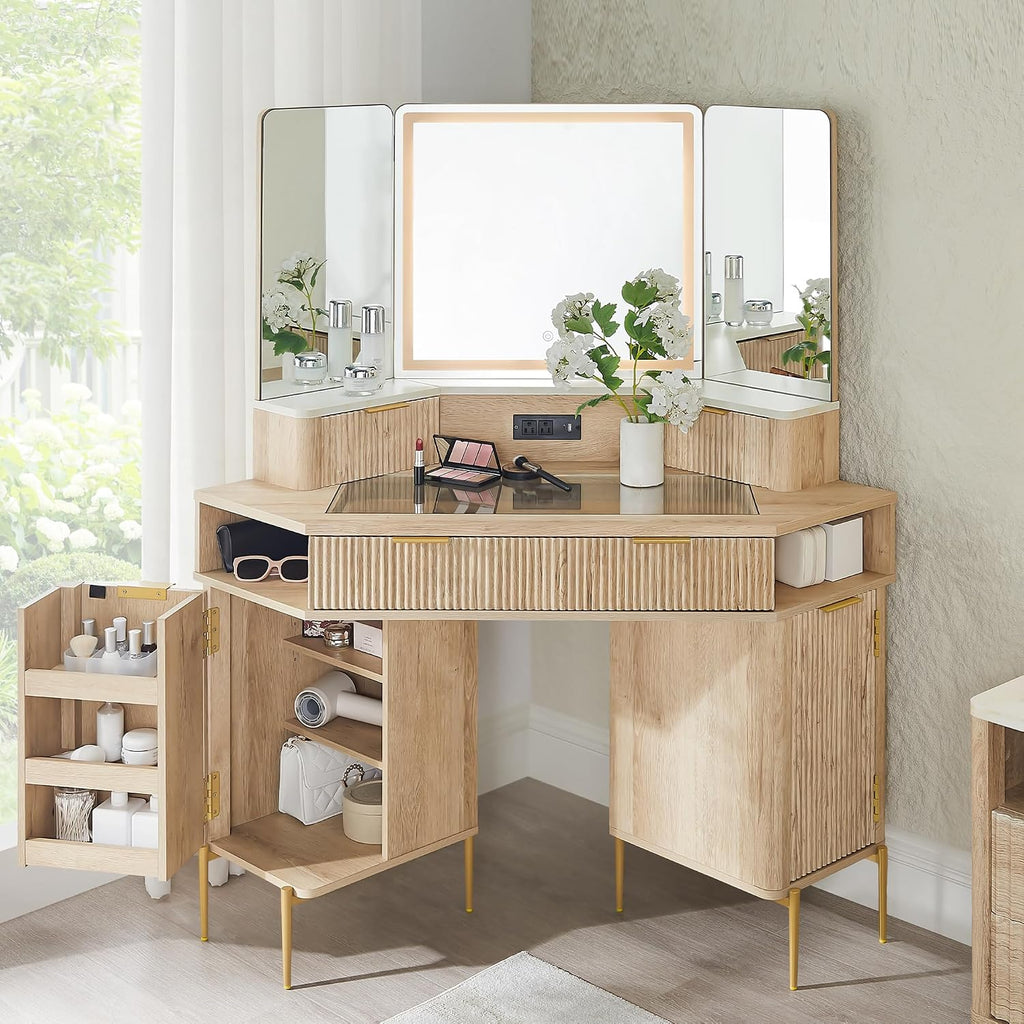 T4TREAM 48' Fluted Makeup Vanity Desk with HD Triple Mirror and Lights, Large Lighted Corner Vanity with Glass Top, Modern Dressing Table with 3 Drawers & 2 Cabinets for Bedroom, Natural Oak